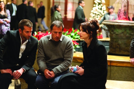 Director David O. Russell, center, with stars Bradley Cooper and Jennifer Lawrence on the set of Silver Linings Playbook,