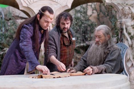 From left: Hugo Weaving, Peter Jackson, and Ian McKellen on the set of The Hobbit: An Unexpected Journey.