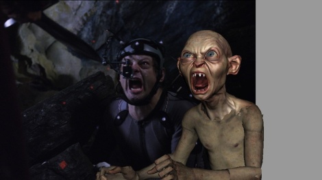 Andy Serkis' mocap performance is recorded first, then Gollum's features and backgrounds are added later.